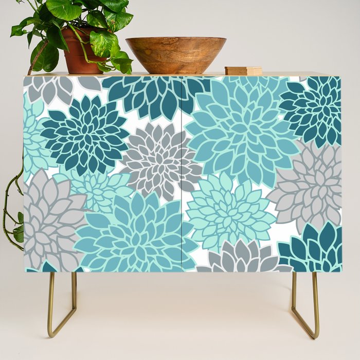 Dahlia Floral Blooms in Teal and Gray Credenza Gallery Image 1
