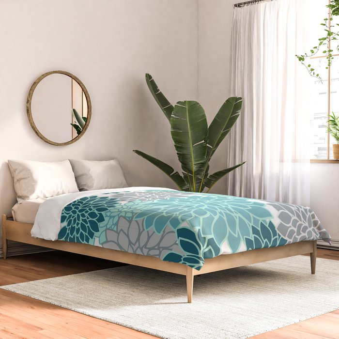 Dahlia Floral Blooms in Teal and Gray Comforter Gallery Image 2