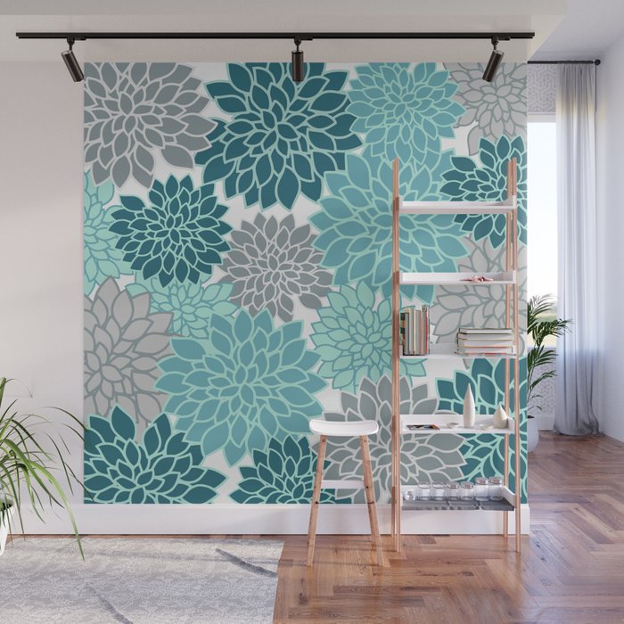 Dahlia Floral Blooms in Teal and Gray Wall Mural Gallery Image 1