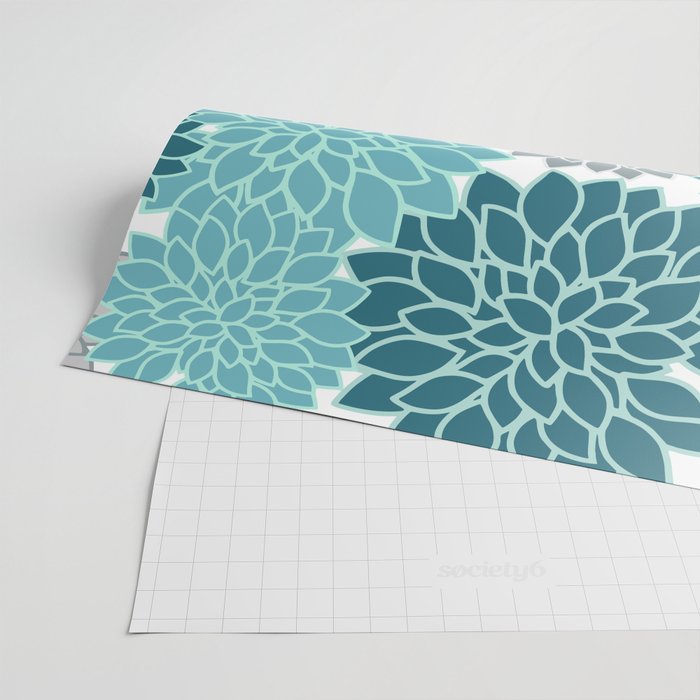 Dahlia Floral Blooms in Teal and Gray Wrapping Paper Gallery Image 2