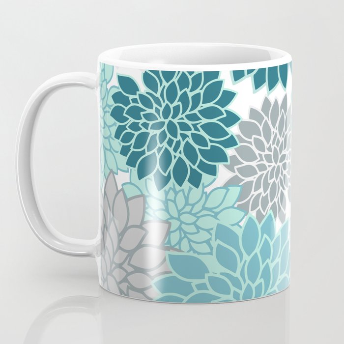 Dahlia Floral Blooms in Teal and Gray Coffee Mug Gallery Image 3