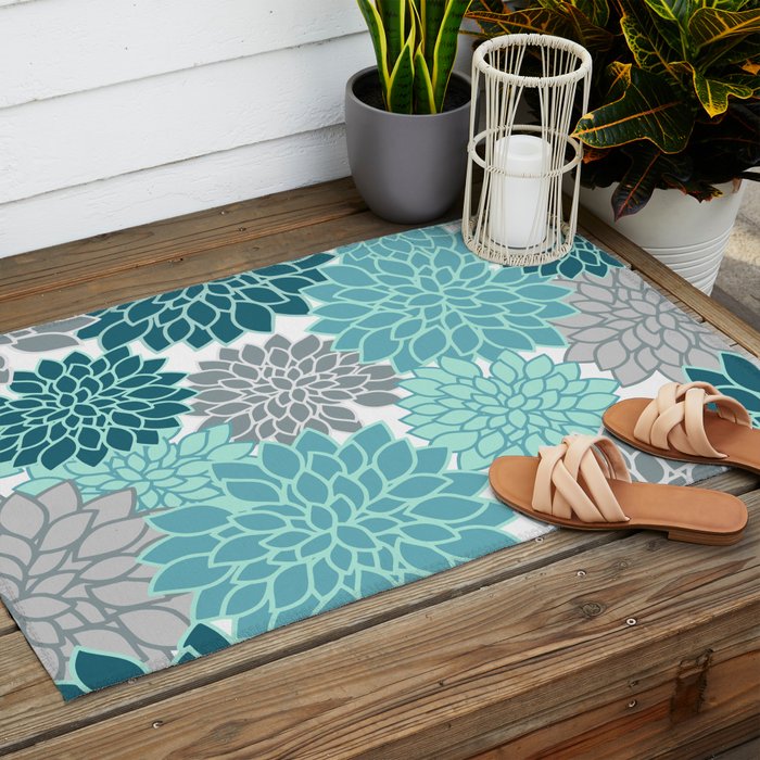 Dahlia Floral Blooms in Teal and Gray Outdoor Rug Gallery Image 2