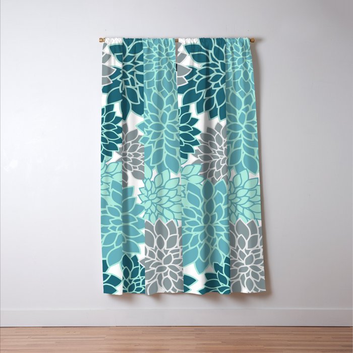 Dahlia Floral Blooms in Teal and Gray Window Curtain Gallery Image 3