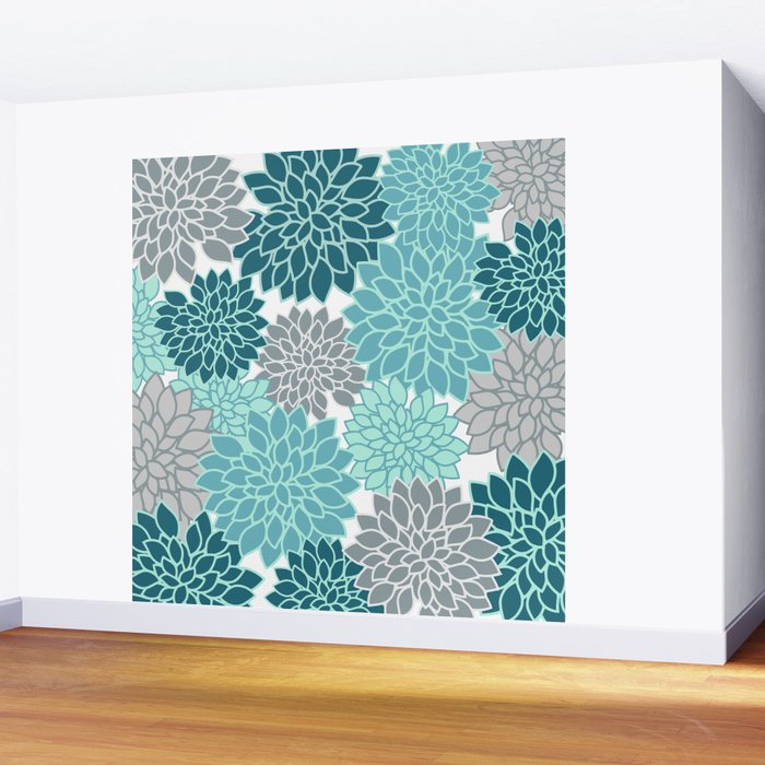 Dahlia Floral Blooms in Teal and Gray Wall Mural Gallery Image 2