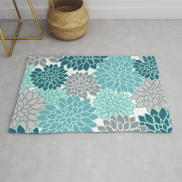 Dahlia Floral Blooms in Teal and Gray Rug Gallery Image 1