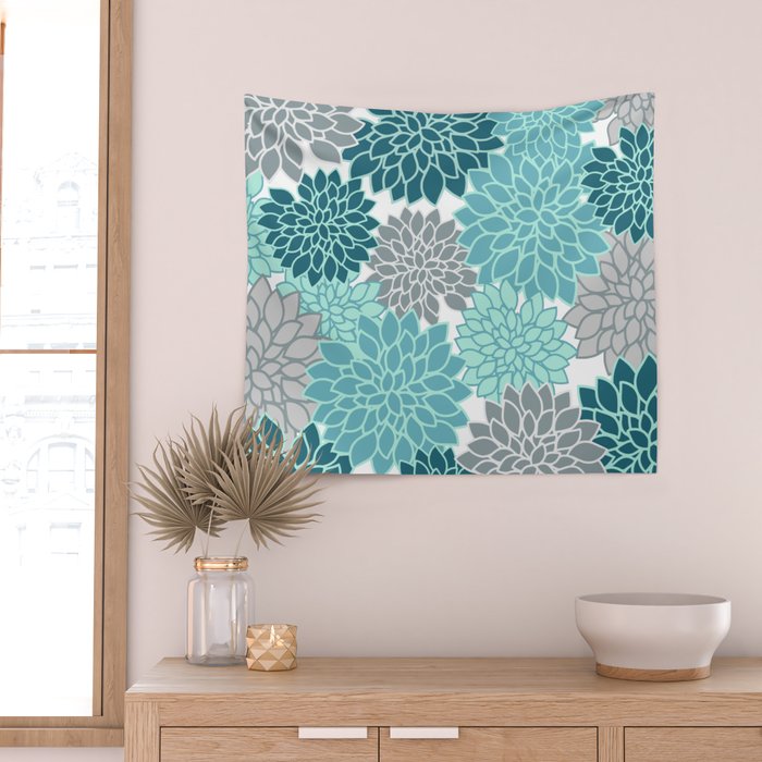 Dahlia Floral Blooms in Teal and Gray Wall Tapestry Gallery Image 2
