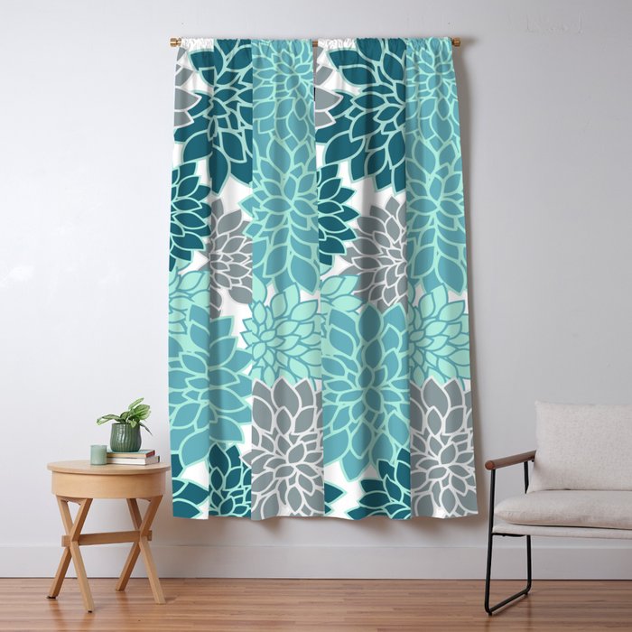 Dahlia Floral Blooms in Teal and Gray Window Curtain Gallery Image 5
