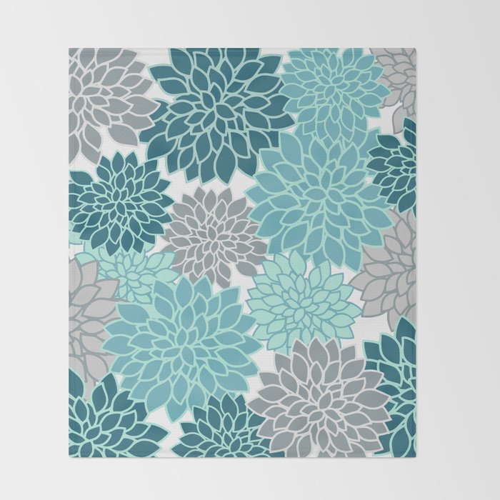 Dahlia Floral Blooms in Teal and Gray Throw Blanket Gallery Image 2