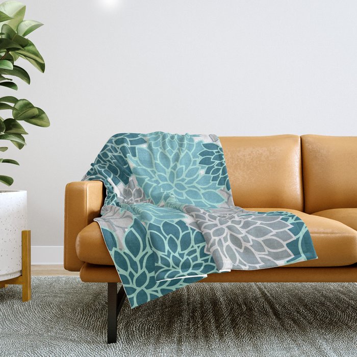 Dahlia Floral Blooms in Teal and Gray Throw Blanket Gallery Image 1