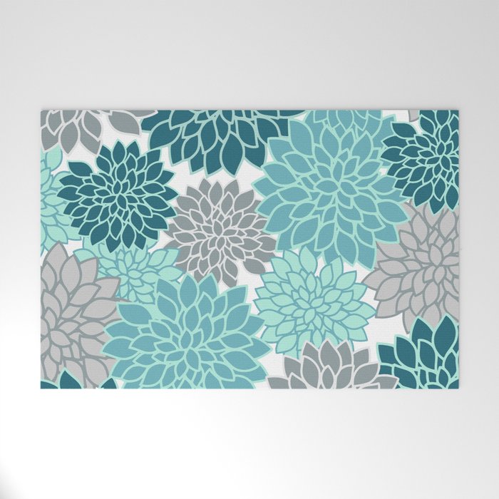 Dahlia Floral Blooms in Teal and Gray Welcome Mat Gallery Image 1