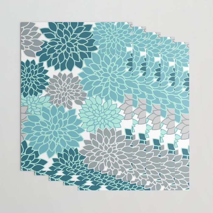 Dahlia Floral Blooms in Teal and Gray Wrapping Paper Gallery Image 3