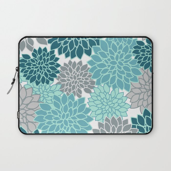 Dahlia Floral Blooms in Teal and Gray Laptop Sleeve Gallery Image 1