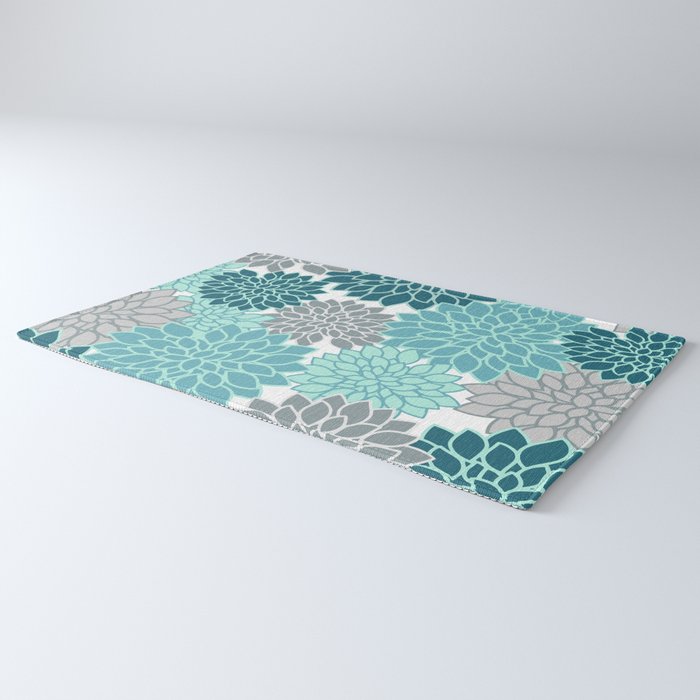 Dahlia Floral Blooms in Teal and Gray Rug Gallery Image 3