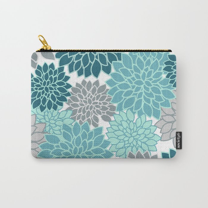 Dahlia Floral Blooms in Teal and Gray Carry All Pouch Gallery Image 1