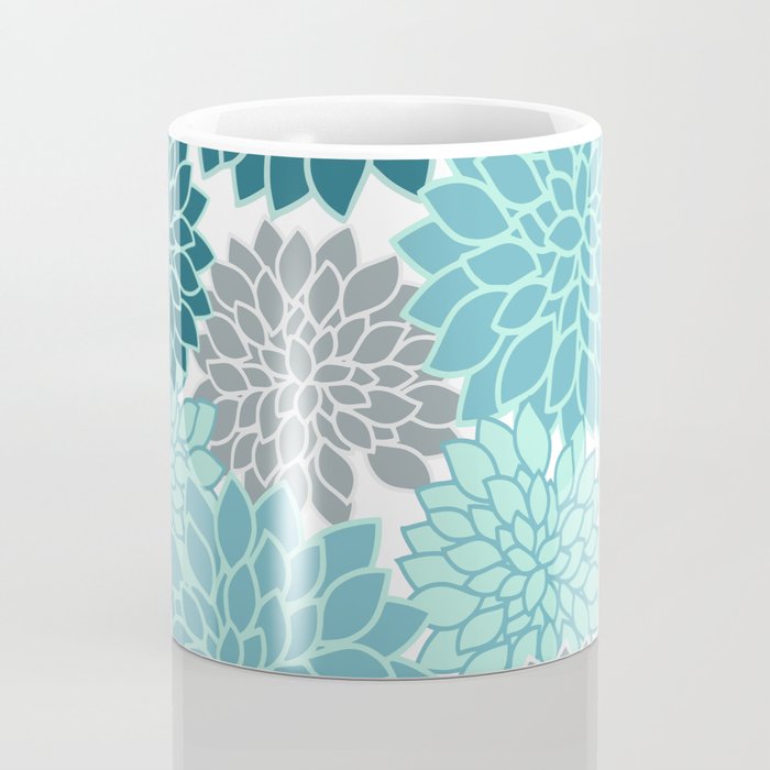 Dahlia Floral Blooms in Teal and Gray Coffee Mug Gallery Image 4