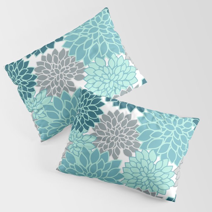 Dahlia Floral Blooms in Teal and Gray Pillow Sham Gallery Image 3