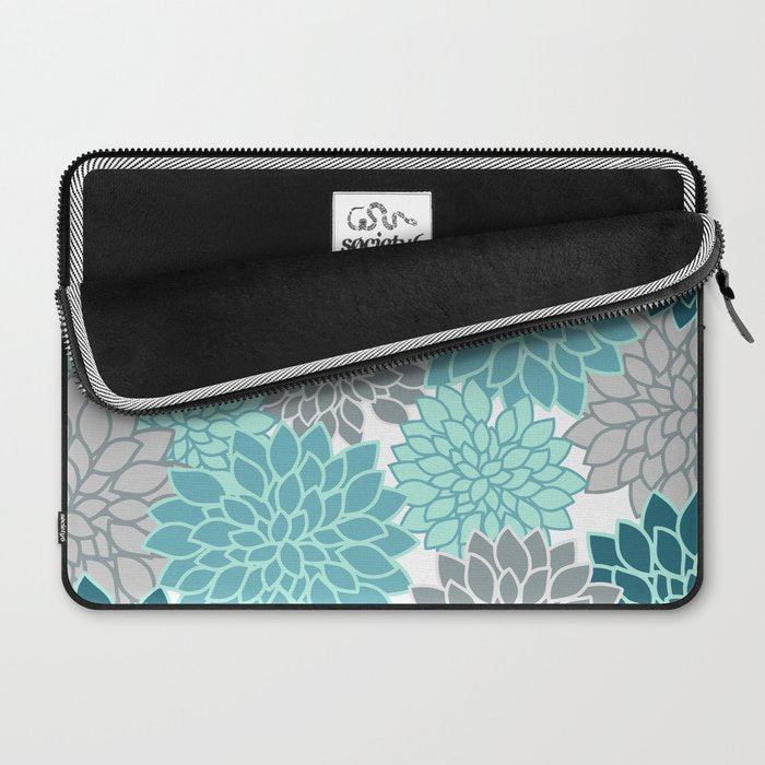 Dahlia Floral Blooms in Teal and Gray Laptop Sleeve Gallery Image 2