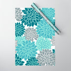 Dahlia Floral Blooms in Teal and Gray Wrapping Paper Gallery Image 1