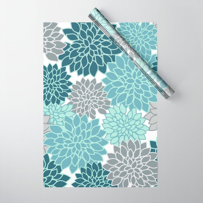 Dahlia Floral Blooms in Teal and Gray Wrapping Paper Gallery Image 1