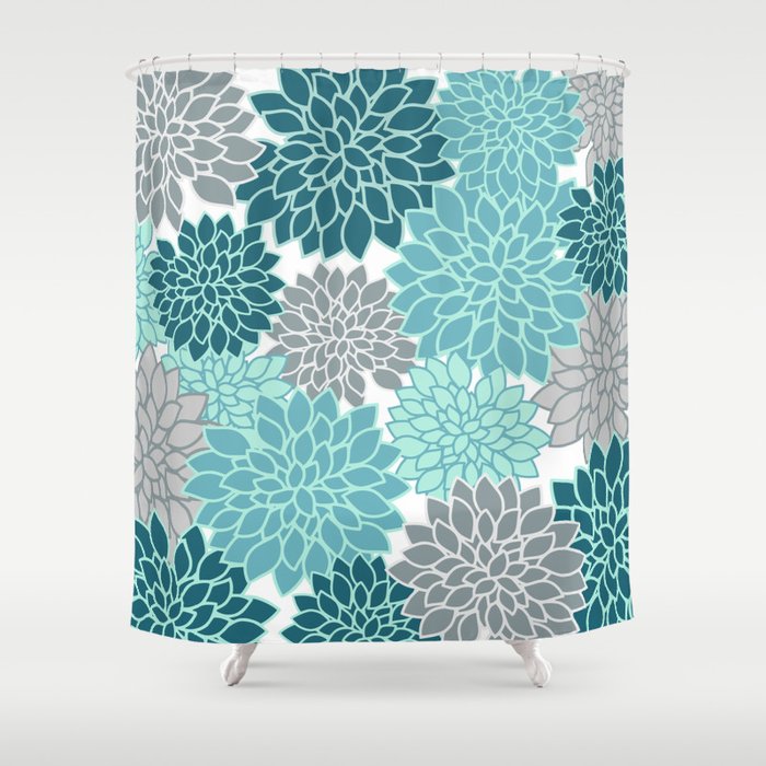 Dahlia Floral Blooms in Teal and Gray Shower Curtain Gallery Image 1