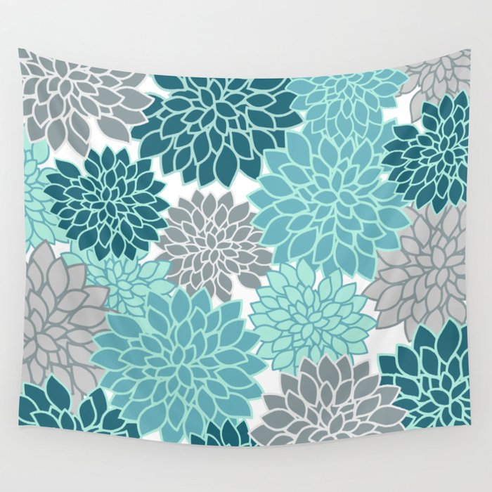 Dahlia Floral Blooms in Teal and Gray Wall Tapestry Gallery Image 4