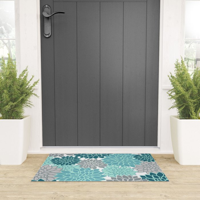 Dahlia Floral Blooms in Teal and Gray Welcome Mat Gallery Image 3