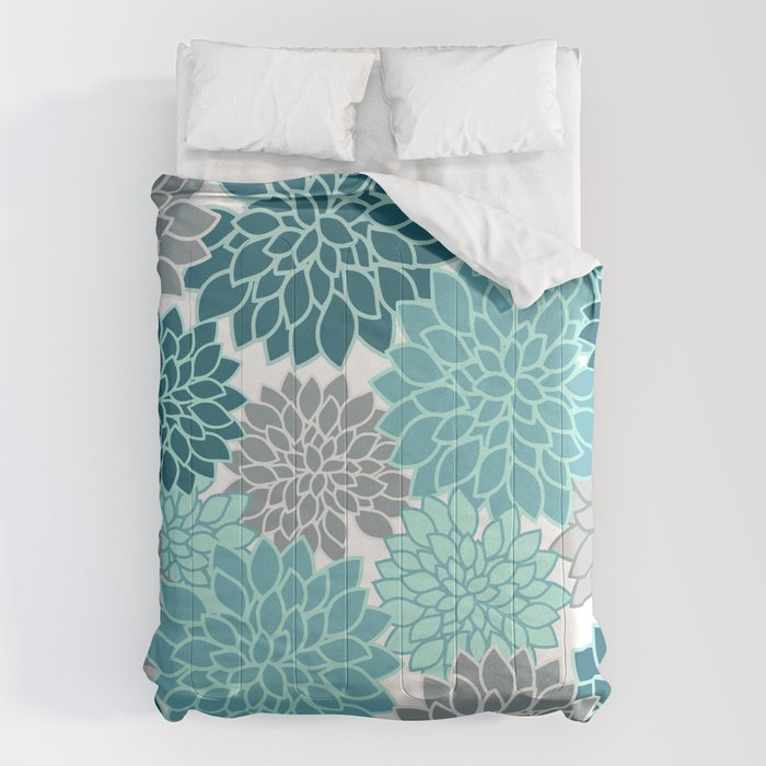 Dahlia Floral Blooms in Teal and Gray Comforter Gallery Image 6