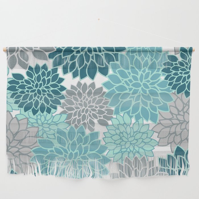 Dahlia Floral Blooms in Teal and Gray Wall Hanging Gallery Image 1