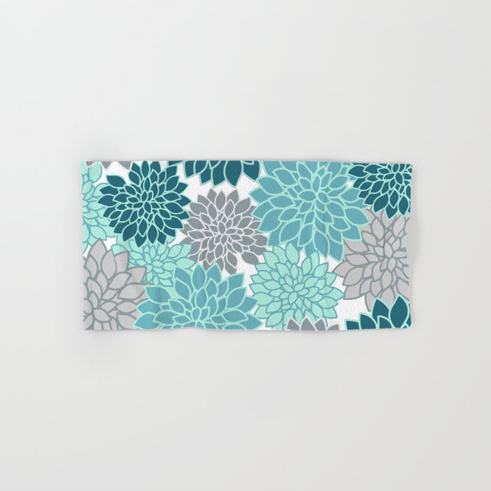Dahlia Floral Blooms in Teal and Gray Bath Towel Gallery Image 1