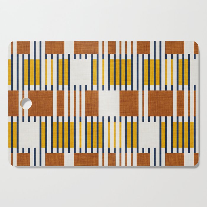 Bold Minimalist Retro Stripes // Midnight Blue Goldenrod Yellow And Copper Brown Geometric Grid Cutting Board