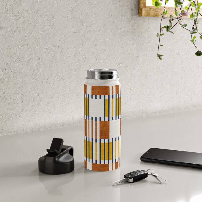 Bold minimalist retro stripes // midnight blue goldenrod yellow and copper brown geometric grid  Water Bottle Gallery Image 4