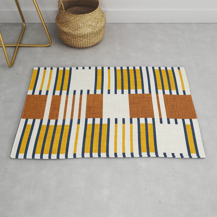 Bold minimalist retro stripes // midnight blue goldenrod yellow and copper brown geometric grid  Rug Gallery Image 1