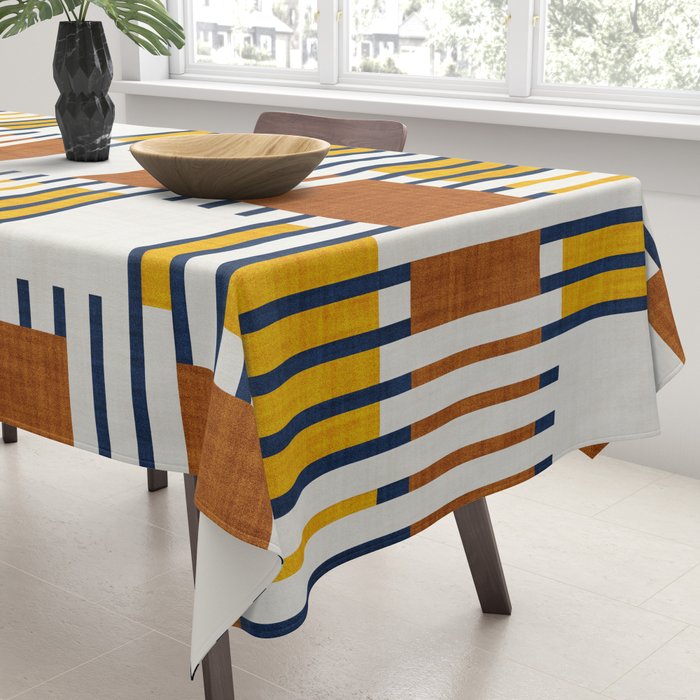 Bold minimalist retro stripes // midnight blue goldenrod yellow and copper brown geometric grid  Tablecloth Gallery Image 3