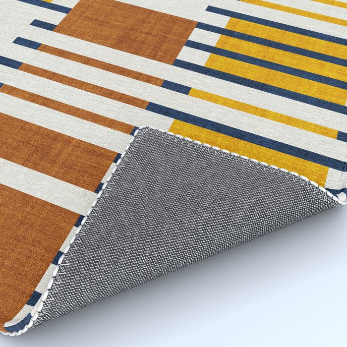 Bold minimalist retro stripes // midnight blue goldenrod yellow and copper brown geometric grid  Rug Gallery Image 4