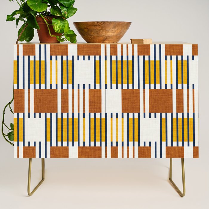 Bold minimalist retro stripes // midnight blue goldenrod yellow and copper brown geometric grid  Credenza Gallery Image 1