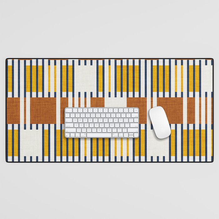 Bold minimalist retro stripes // midnight blue goldenrod yellow and copper brown geometric grid  Desk Mat Gallery Image 1