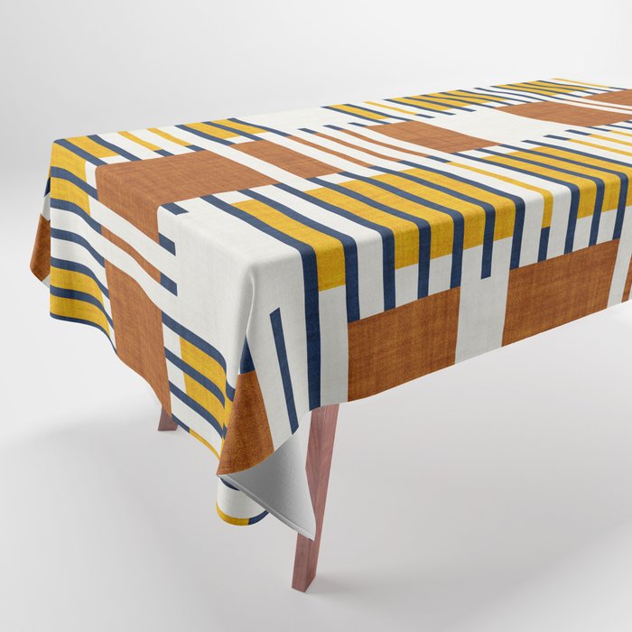 Bold minimalist retro stripes // midnight blue goldenrod yellow and copper brown geometric grid  Tablecloth Gallery Image 1