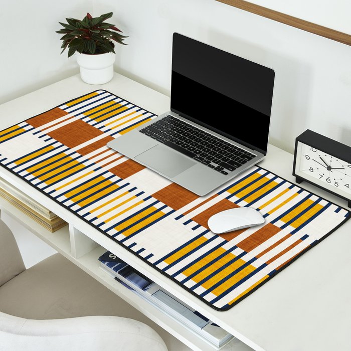 Bold minimalist retro stripes // midnight blue goldenrod yellow and copper brown geometric grid  Desk Mat Gallery Image 2