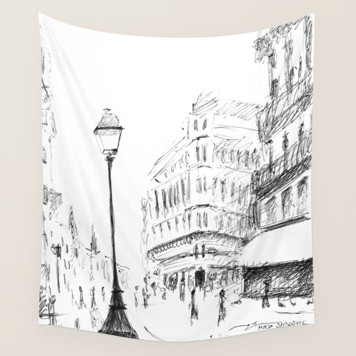 Sketch of a Street in Paris Wall Tapestry Gallery Image 1