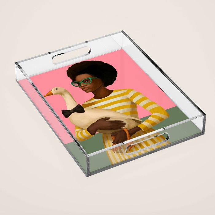Stylish Woman Holding Goose in Striped Dress Acrylic Tray Gallery Image 1