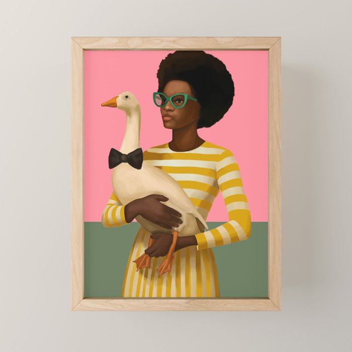 Stylish Woman Holding Goose in Striped Dress Mini Art Print Gallery Image 1