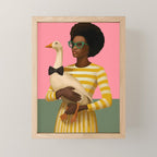Stylish Woman Holding Goose in Striped Dress Mini Art Print Gallery Image 1