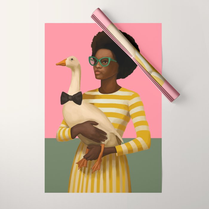 Stylish Woman Holding Goose in Striped Dress Wrapping Paper Gallery Image 1