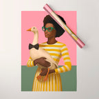 Stylish Woman Holding Goose in Striped Dress Wrapping Paper Gallery Image 1