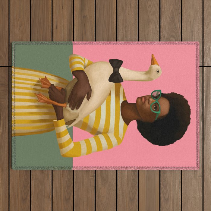 Stylish Woman Holding Goose in Striped Dress Outdoor Rug Gallery Image 1