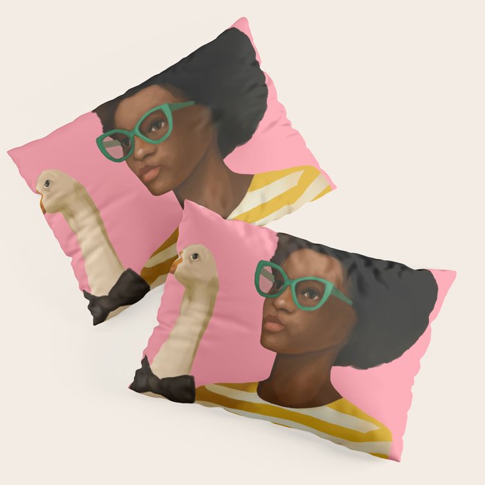Stylish Woman Holding Goose in Striped Dress Pillow Sham Gallery Image 1