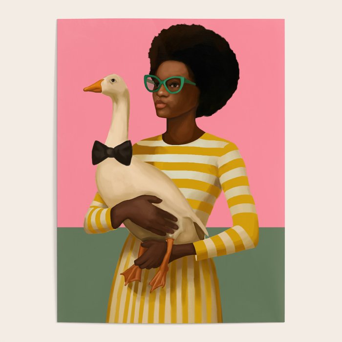 Stylish Woman Holding Goose in Striped Dress Poster Gallery Image 1