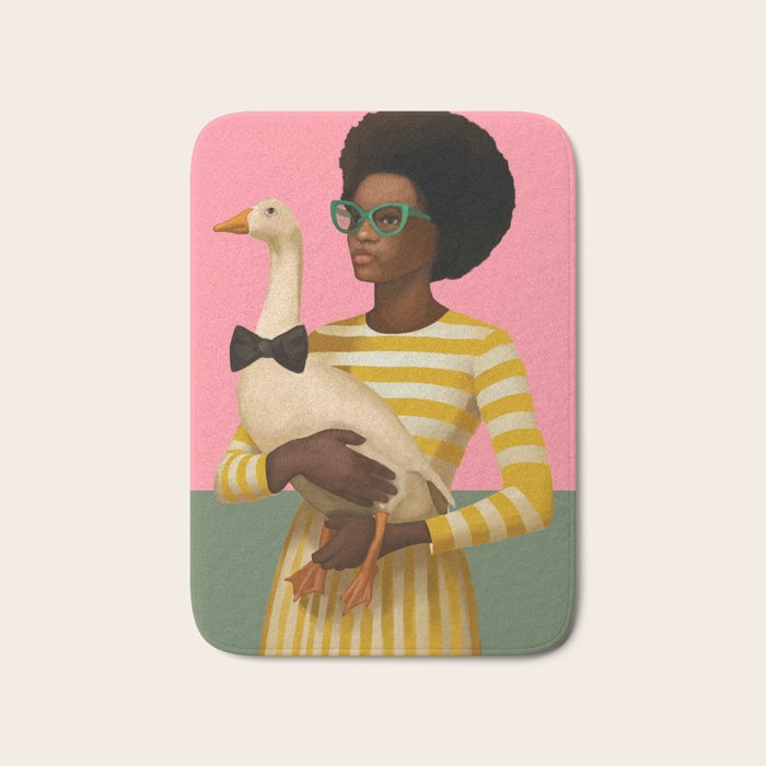 Stylish Woman Holding Goose in Striped Dress Bath Mat Gallery Image 1