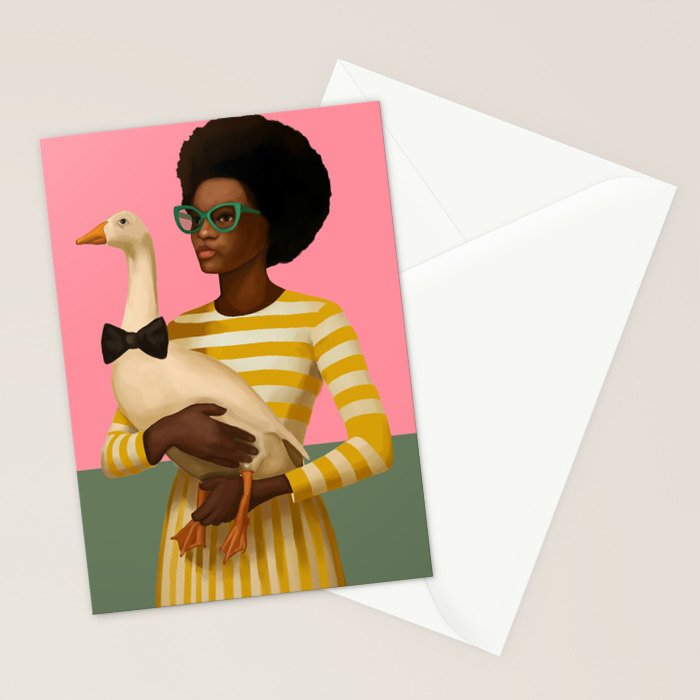 Stylish Woman Holding Goose in Striped Dress Stationery Card Gallery Image 2