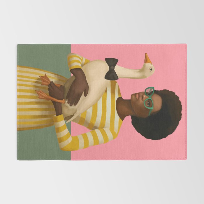 Stylish Woman Holding Goose in Striped Dress Rug Gallery Image 2
